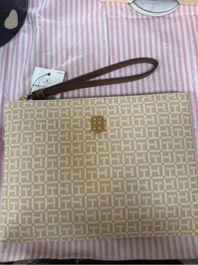 Tommy Hilfiger Beige Monogram Wristlet with Brown Strap